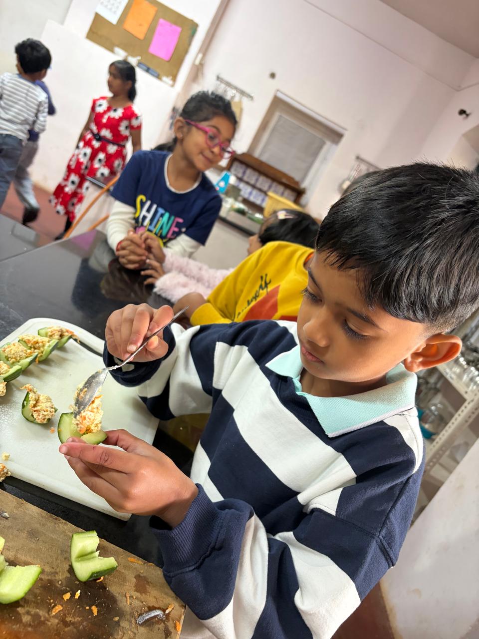 Grade 1's Kitchen Debut: Cucumber Half Cups, Made From Scratch at bms