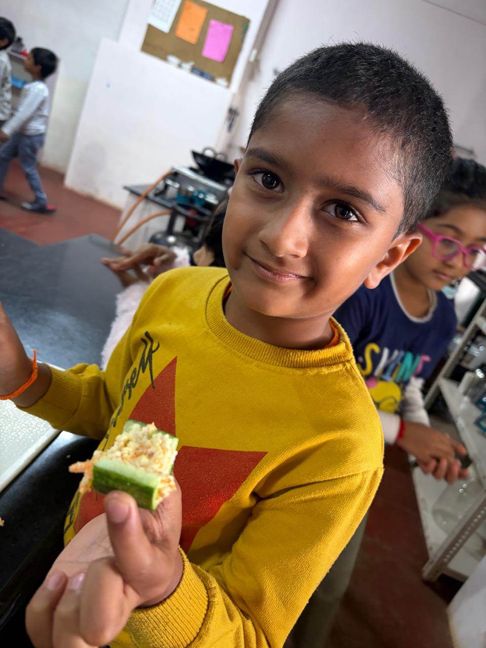 Grade 1's Kitchen Debut: Cucumber Half Cups, Made From Scratch at bms