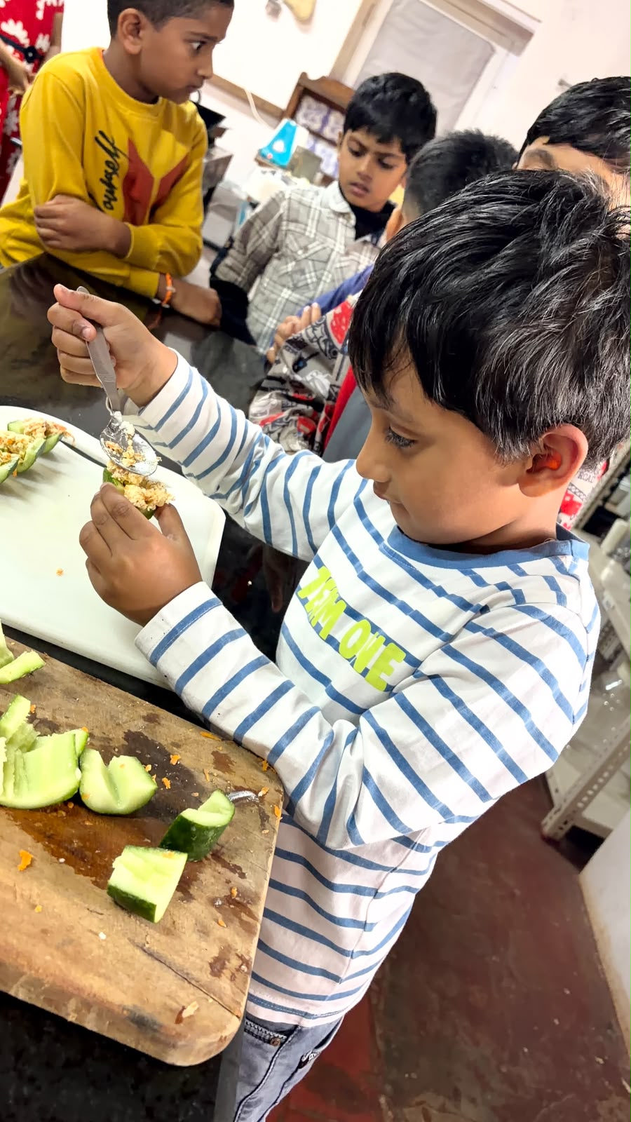 Grade 1's Kitchen Debut: Cucumber Half Cups, Made From Scratch at bms