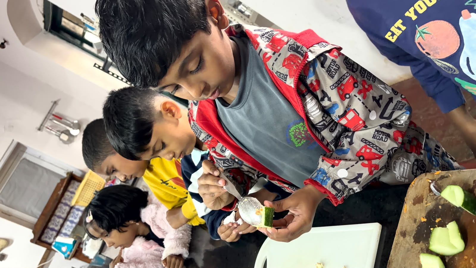 Grade 1's Kitchen Debut: Cucumber Half Cups, Made From Scratch at bms