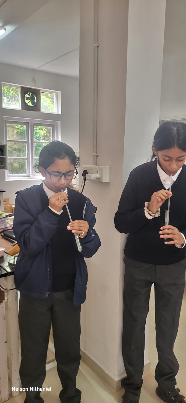 Two more students blowing exhaled air through straws into their test tubes of lime water