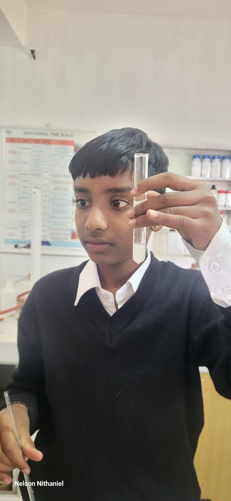 A student examining a test tube of milky lime water closely