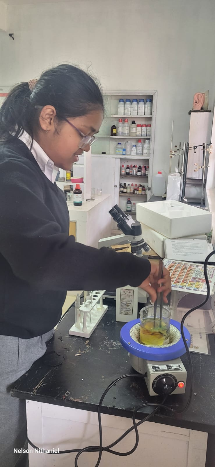 A student stirring the leaf in the ethanol water bath