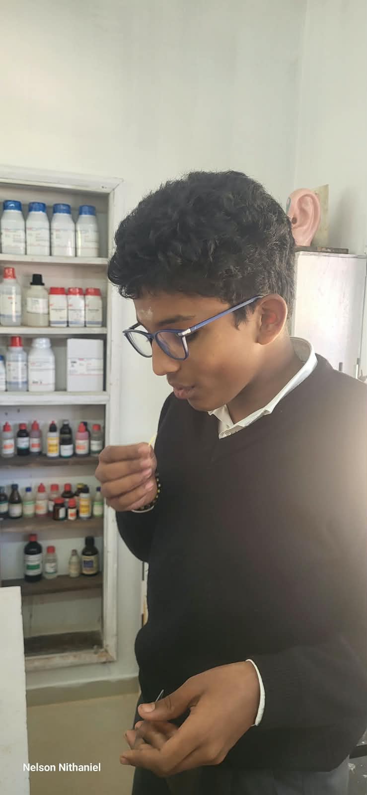 A student collecting a cheek cell sample