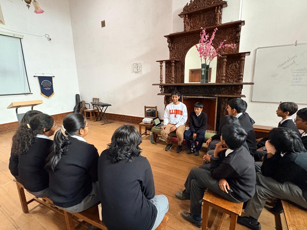 Shansha Syed Ibrahim speaking with BMS students in a fireside-style session