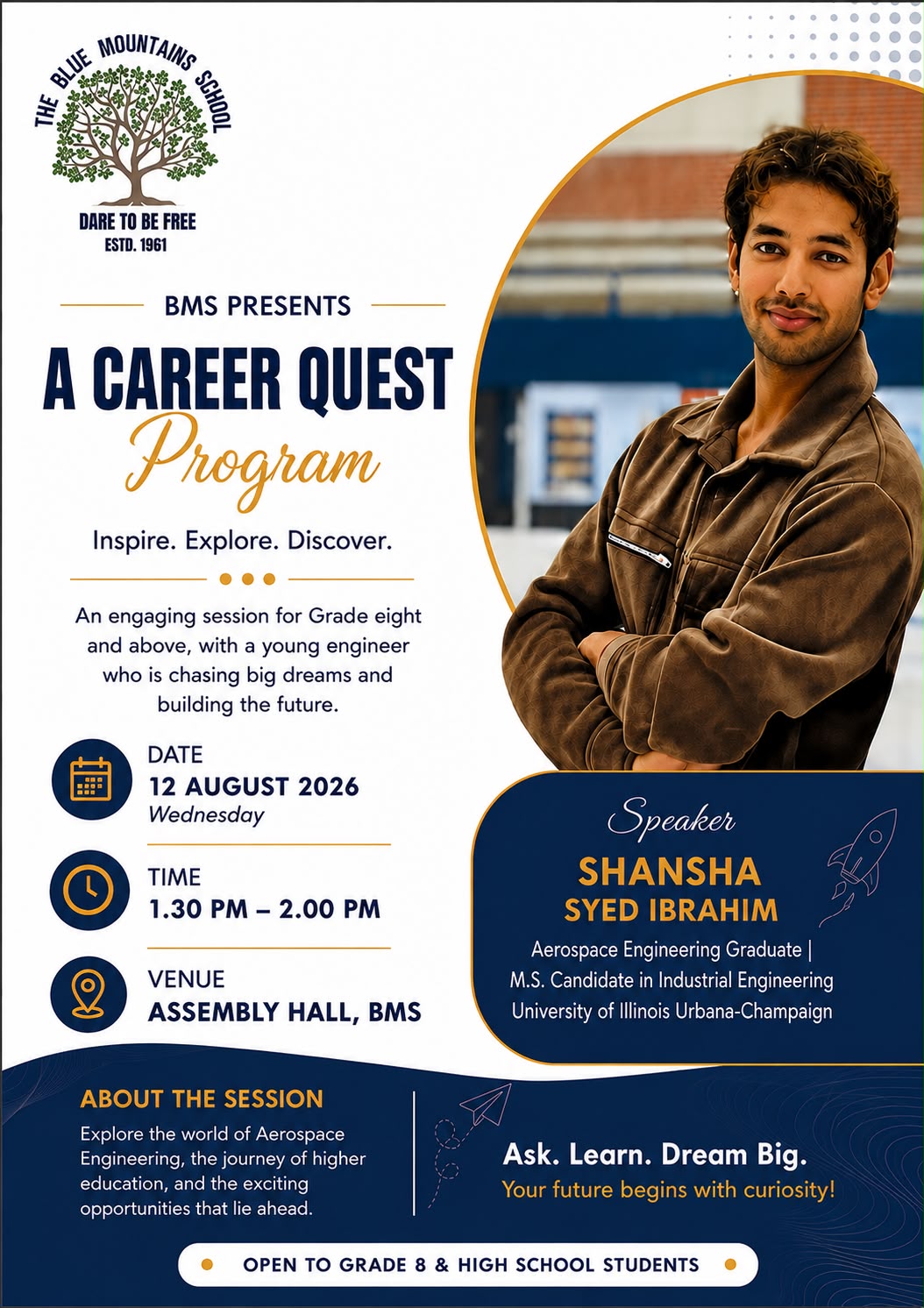 Career Quest Program flyer for speaker Shansha Syed Ibrahim, 12 August 2026