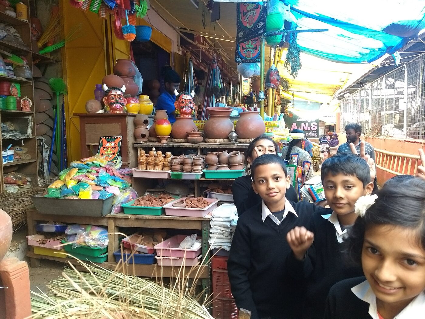 A pottery and toy stall